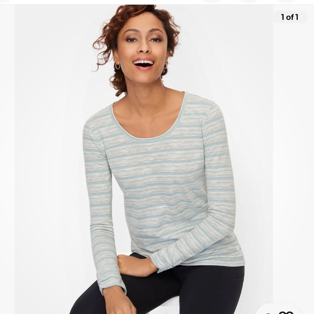 NWOT - Talbots Women's “Ruched” Striped Long Sleeve Tee - Blue Gray - SP